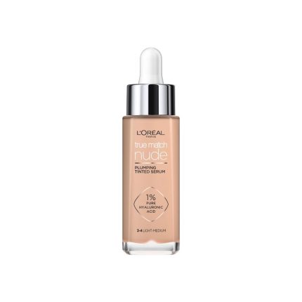 L'Oréal Paris Nude Tinted Serum for Face, Plumping and Hydrating Face Makeup, 1 Percent Pure Hyaluronic Acid, Nude Foundation to Cover, Replumps and Hydrates Skin in One Hour, Shade 3-4 Light Medium