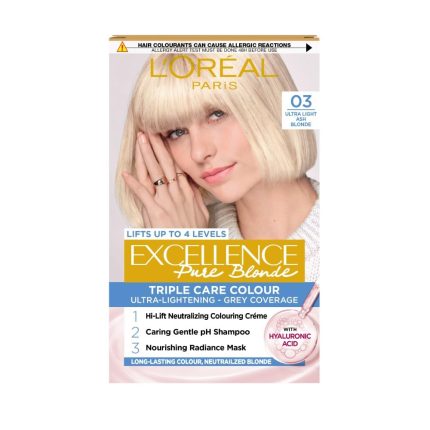 L'Oréal Paris Excellence Crème Permanent Hair Dye, Radiant At-Home Hair Colour with up to 100% Grey Coverage, Pro-Keratin, Up to 8 Weeks of Colour, Colour: 03 Ultra-Light Ash Blonde
