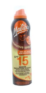 Malibu Sun SPF 15 Continuous Dry Oil Spray for Tanning with Shea Butter Extract, Medium Protection, Water Resistant, 175ml