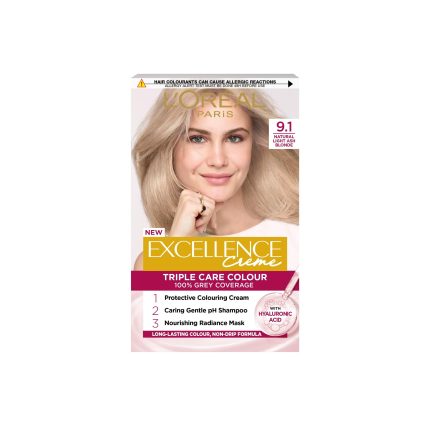 L'Oréal Paris Excellence Crème Permanent Hair Dye, Radiant At-Home Hair Colour with up to 100% Grey Coverage, Pro-Keratin, Up to 8 Weeks of Colour, Colour: 9.1 Natural Light Ash Blonde