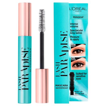 L'Oréal Paris Mascara, Lash Paradise Waterproof Mascara, Volumising, Enriched with Castor Oil, Lasts up to 36H*, Suitable for Sensitive Eyes, Waterproof Black